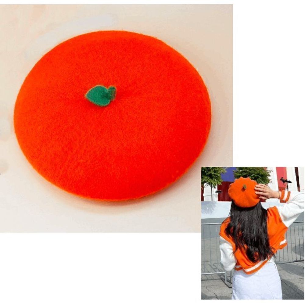 🍊 Orange Fruit Leaf Decor Wool-Mix French Style Cute Beret Hat NEW
